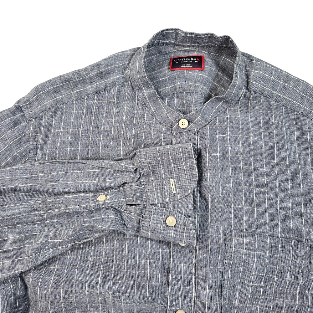 UNTUCKit‎ Ramey Shirt Mens Medium Blue Linen Check Band Collar Long Sleeve